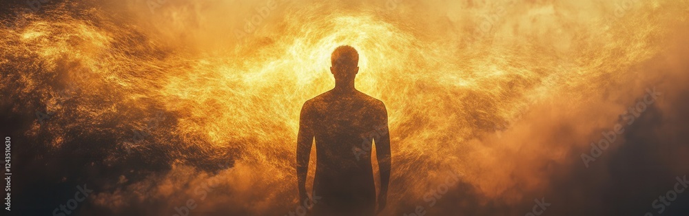 Poster concept of illumination and personal transformation with a glowing man against a fiery background
