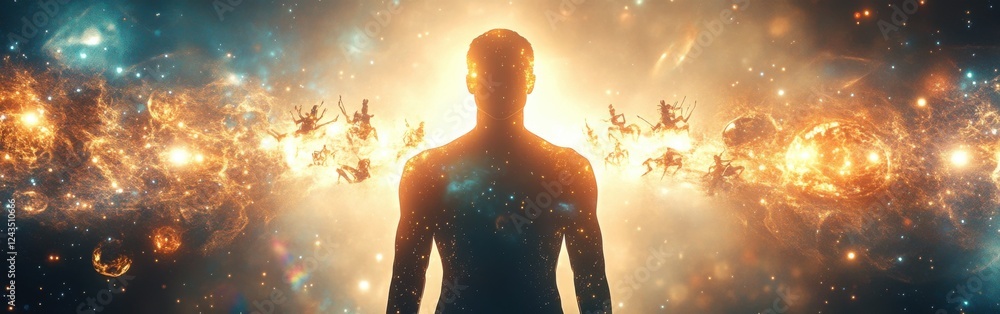 Poster man glowing with cosmic energy surrounded by celestial elements and vibrant colors during a cosmic e