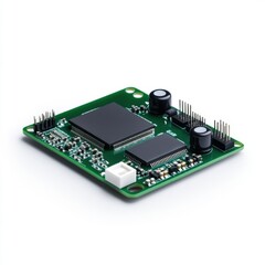 Electronic circuit board with microchips, capacitors, and connectors on a plain white background