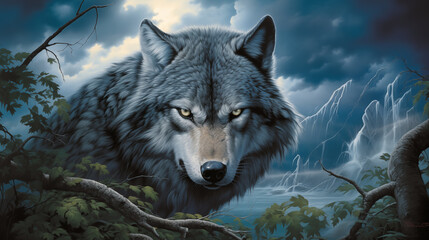 Stormy Night with a Lone Wolf Emerging from Shadows Dramatic Dark Fantasy