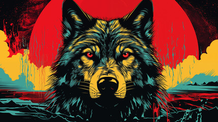 Vibrant Abstract Wolf Face with Tribal Patterns Bold and Colorful Digital Art