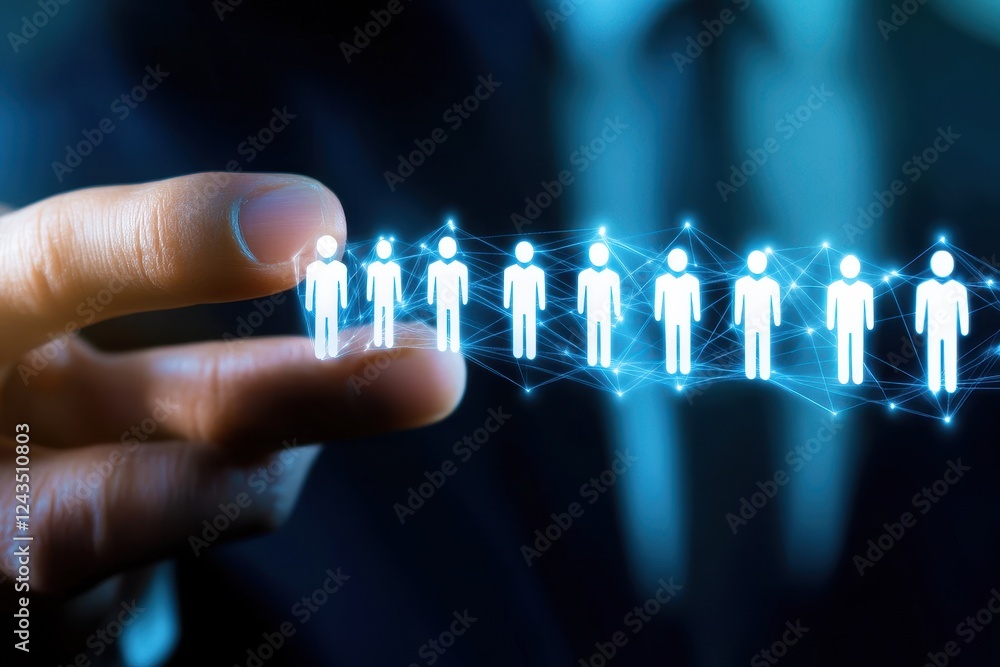 Poster hand holding digital figures in a network, symbolizing connection and collaboration in a virtual env