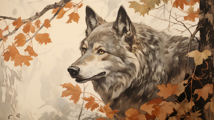 Autumn Forest with a Lone Wolf Watching Through Foliage Cozy Seasonal Art
