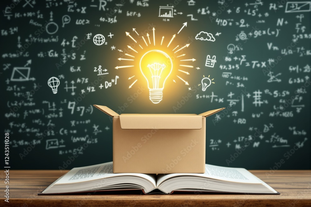 Poster creative concept of ideas and innovation with light bulb glowing above an open box on book.