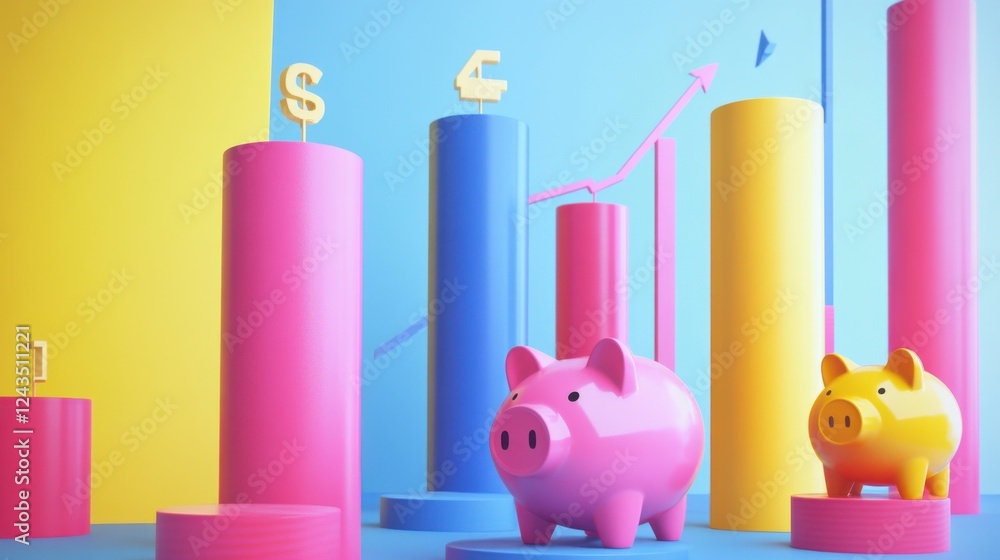 Poster piggy banks and colorful graphs representing savings growth in a minimalistic design environment