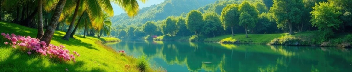 Palmas y flores silvestres en la orilla del lago, verde, tranquilidad