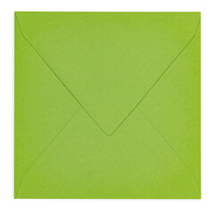 Top view of closed back from square apple green envelope. Isolated on a white background.