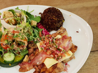 salad with meat, bacon