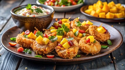 Fototapeta premium Succulent coconut shrimp prawns served on a plate with a sprinkle of toasted coconut flakes and a side of tangy mango salsa , appetizer, oceanic