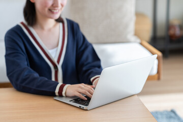 リビングでパソコンを使う若い女性