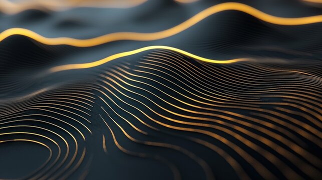 A 3D rendered abstract geometric surface in black with intricate lines and smooth edges. Perfect for modern tech, construction, and design concepts, creating a sophisticated visual appeal.