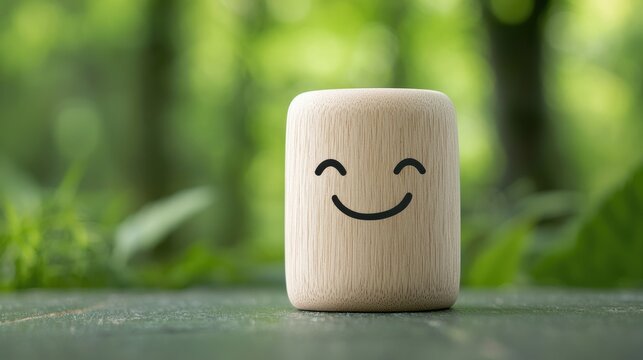 Happy wooden face in nature; eco-friendly concept