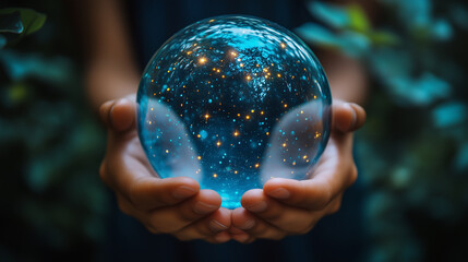 A crystal-clear globe held gently in hands, showcasing a cosmic scene, representing dreams, possibilities, and the universe