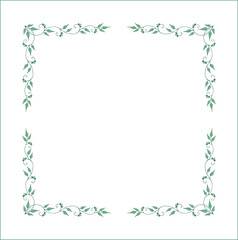Elegant green vegetal ornamental frame with leaves and small flowers, decorative border, corners for greeting cards. Isolated vector illustration