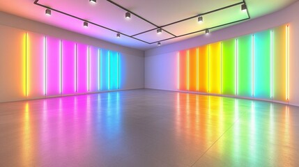 3D empty room with vibrant neon light rays and glowing walls. Ideal for futuristic, modern, or sci-fi-themed design projects, offering a sleek, high-tech environment.