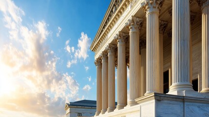 Fototapeta premium The Imposing Structure of Justice: A Large White Building Symbolizing Law and Order with Iconic Judicial Gavel and Scales
