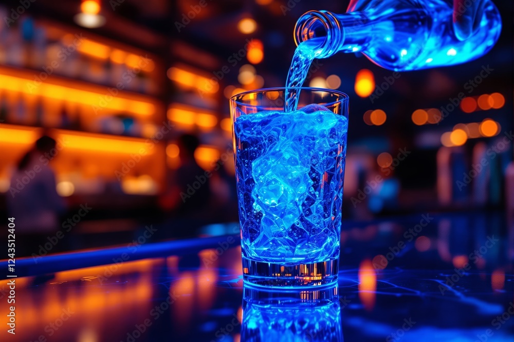 Aufkleber glass of blue glowing drink on a bar counter with blurred background in a vibrant atmospheric bar se