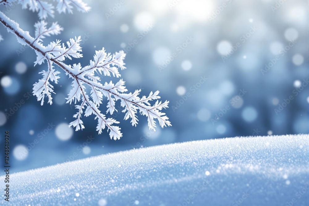 Poster frost-covered tree branch with intricate ice crystals against a soft-focus snowy background.