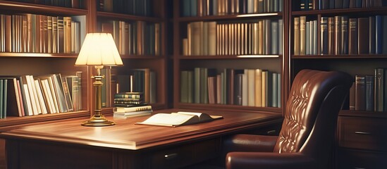 Cozy library study with a leather chair, wooden desk, bookshelves, and a table lamp.