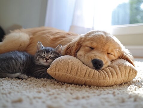 Adorable puppy and kitten sleeping together on a cozy pillow in a sunlit room, showcasing friendship and warmth of pets in a domestic setting