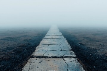 Cracked weathered stone pathway disappearing into dense misty fog.  
