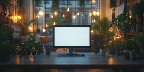 Serene Workspace: Cozy Home Office with Plants and Warm Lighting