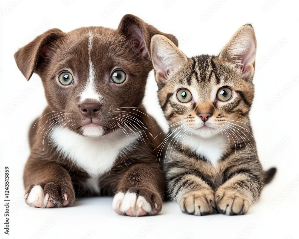 Poster adorable puppy and playful kitten looking curiously at the camera, showcasing their unique expressio