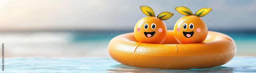Poster two oranges floating in a sparkling blue pool, refreshing summer scene two