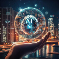 Cyberpunk AI concept: A human hand holds a glowing crystal sphere showcasing a futuristic neon cityscape and a floating neural brain with gears and cloud icons, set in a golden metropolis