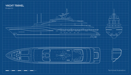 Outline yacht drawing. Side, front and top views of private ship. Luxury boat blueprint. Cruise motorboat industrial art. Line vessel