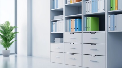 Modern Office Storage with Neat Filing Cabinets and Plant in Bright and Airy Workspace Interior Design