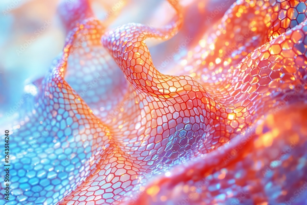 Poster Abstract wavy hexagonal mesh with glowing orange and blue light.