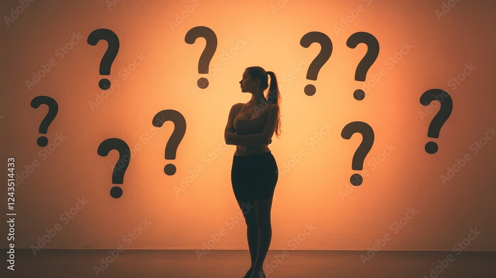 Poster silhouette of a thoughtful businesswoman making a decision while facing many question marks represen