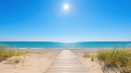 Tranquil wooden walkway to the beach, a scenic seaside escape scenic