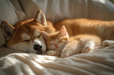 Adorable Shiba Inu Dog and Ginger Cat Snuggling Together in Cozy Bed During a Peaceful Moment of Bonding and Warmth in Sunlight