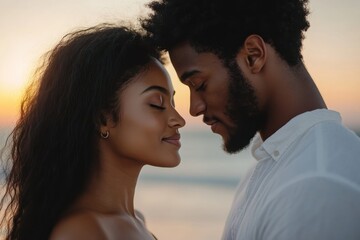 Fototapeta premium A couple with foreheads touching at the beach during sunset, capturing a cherished moment of love and connection, radiating tranquility and warmth in their embrace.