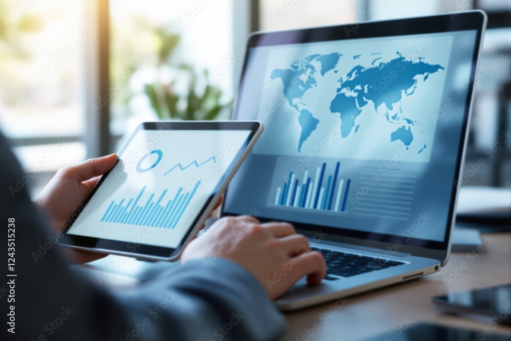 Poster professional analyzing graphs on tablet and laptop in modern office.