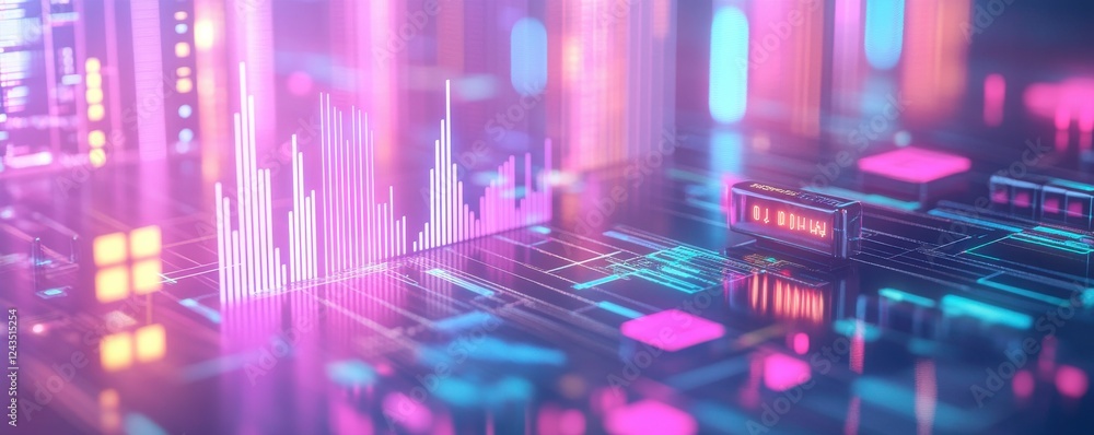 Poster a vibrant digital landscape showcasing neon colors, data visualizations, and abstract patterns, crea
