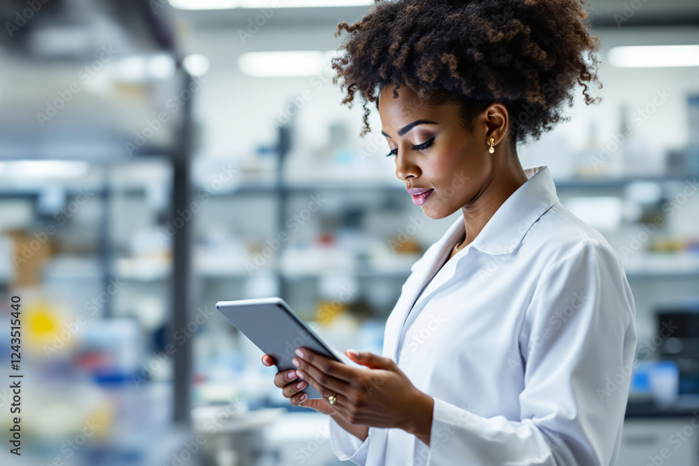 Poster scientist in a laboratory using a tablet, focused on research and analysis.