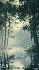 Obraz premium Misty morning along a tranquil river surrounded by lush greenery and reflected trees