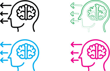 Minimalist line drawings, human head profiles, brain icons, directional arrows, conceptual thinking visualization, black white blue green pink color scheme, simple geometric shapes, cognitive processe
