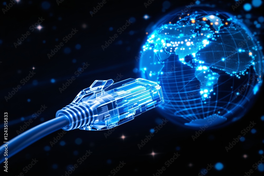 Poster futuristic glowing ethernet cable and digital globe connection.