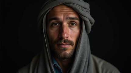 Portrait of a Man with a Calm and Serene Expression, Dressed in a Traditional Head Covering