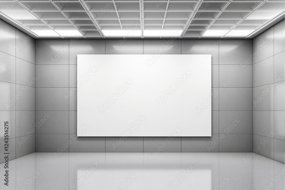 Aufkleber empty gallery room with white canvas on gray tiled wall and reflective floor under bright grid ceili