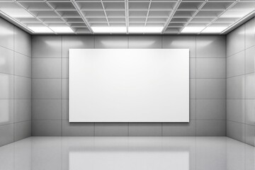 Empty gallery room with white canvas on gray tiled wall and reflective floor under bright grid ceiling light.