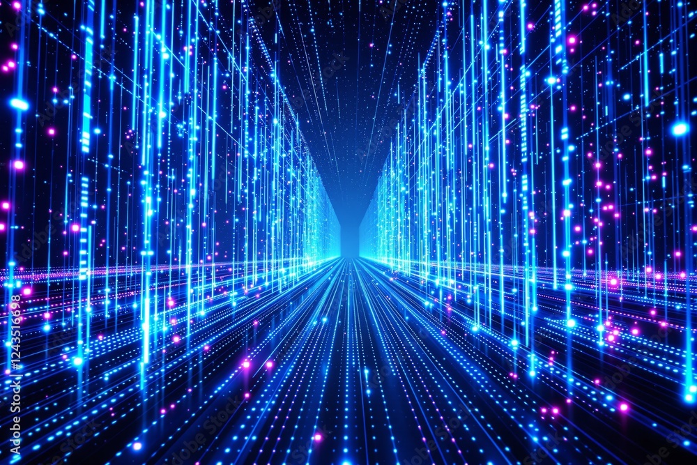 Poster abstract futuristic digital background with glowing blue and pink light lines in a perspective grid 