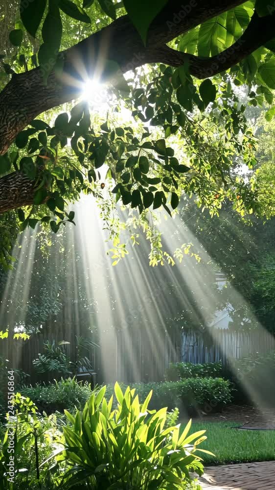 Poster sunlight filtering through trees creates a serene display in a lush garden during the morning hours