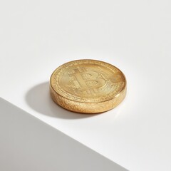 Gold Bitcoin on white surface with intricate engraving clean lighting