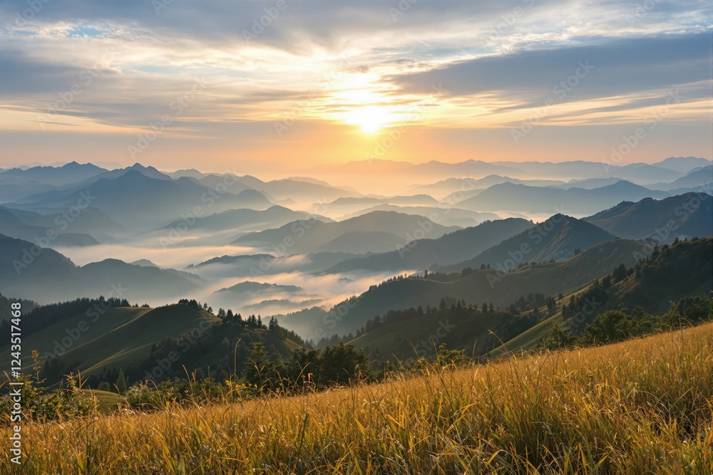 Poster scenic view of misty mountain ranges during sunrise with golden grass in foreground.