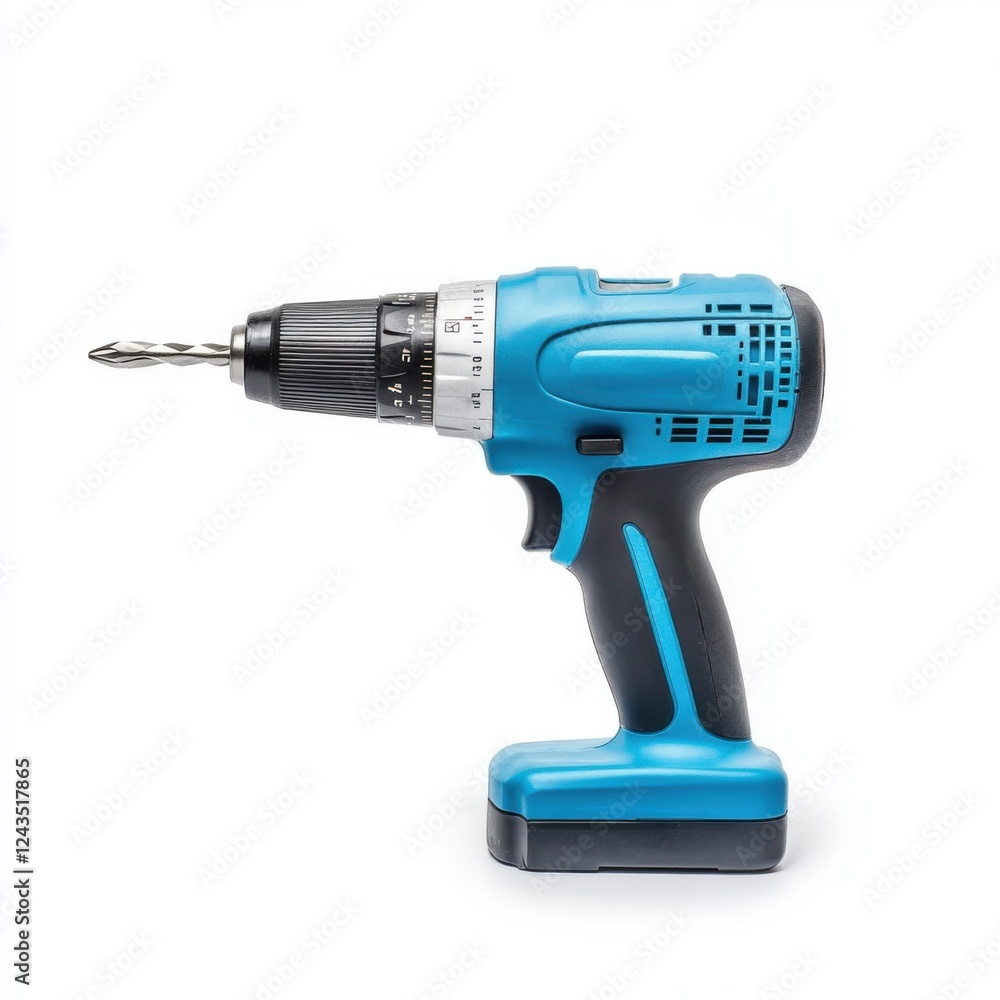 Poster blue cordless drill with battery and drill bit for home improvement and diy projects in studio setti